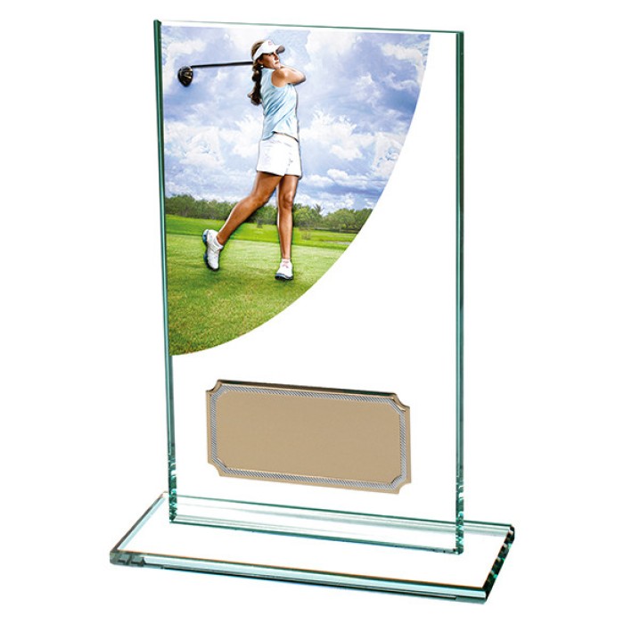 GOLF FEMALE COLOUR-CURVE JADE CRYSTAL GLASS AWARD - 5 SIZES - 12.5CM TO 20CM